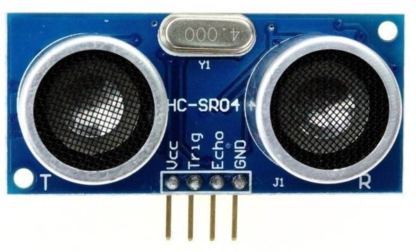 חיישן המרחק HC-SR04: שני עיגולים, T ו־R, וארבעה פינים Vcc, Trig, Echo, GND
